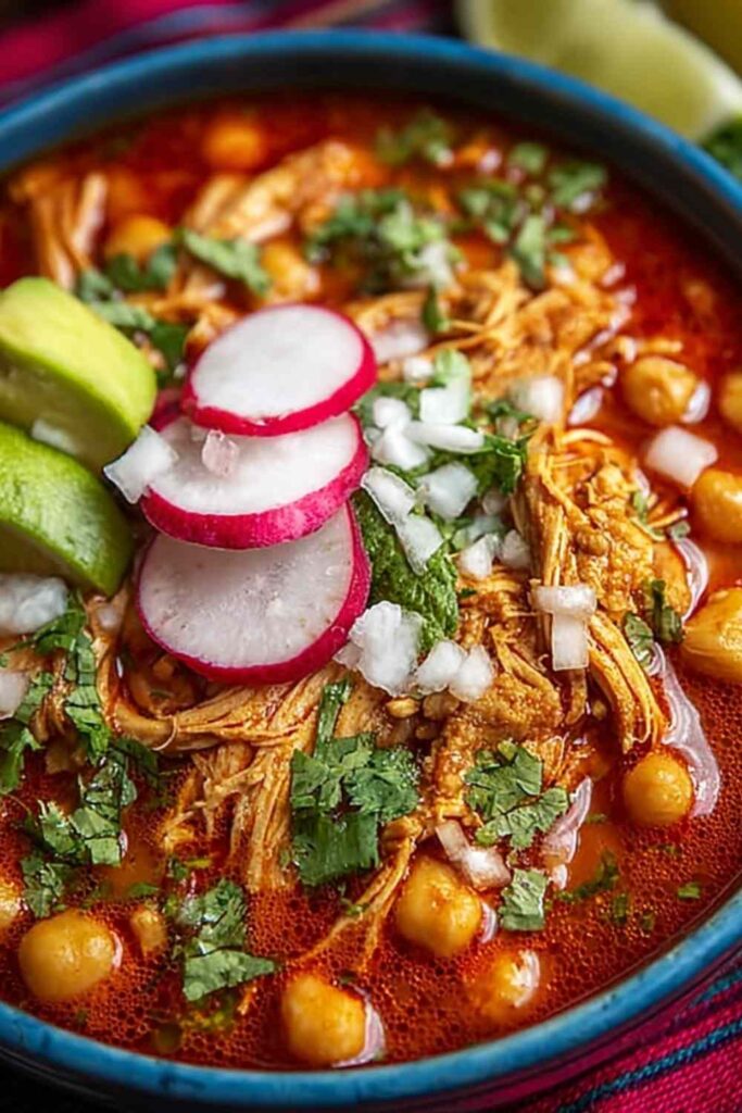 Slow cooker chicken posole in a rustic bowl topped with shredded cabbage, radish slices, avocado, and fresh cilantro
