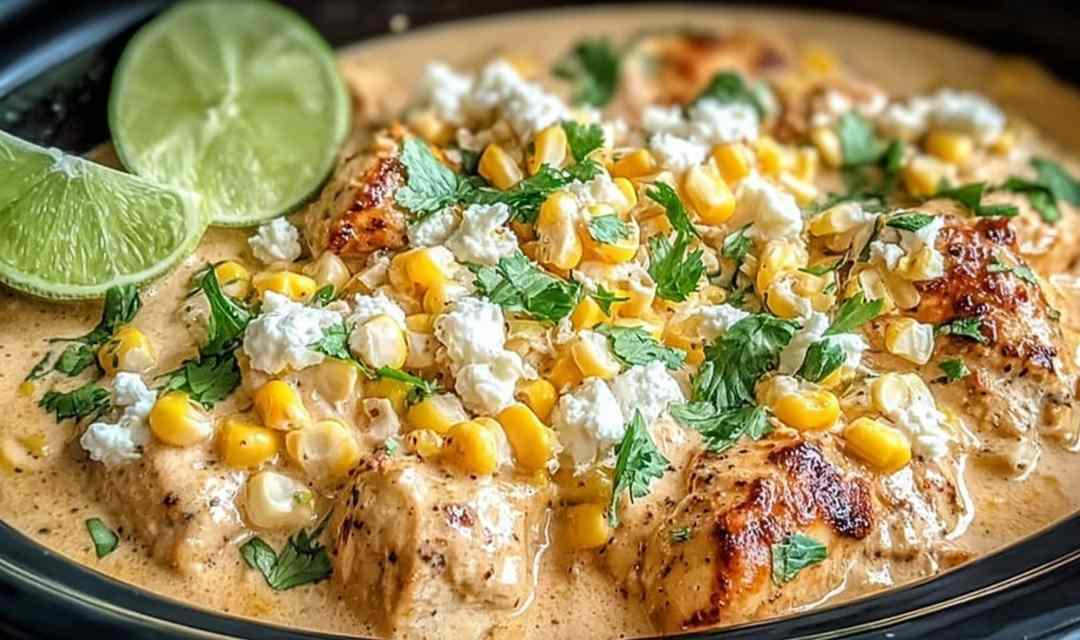 Slow cooker street corn chicken served in a bowl topped with cotija cheese, cilantro, and chili powder