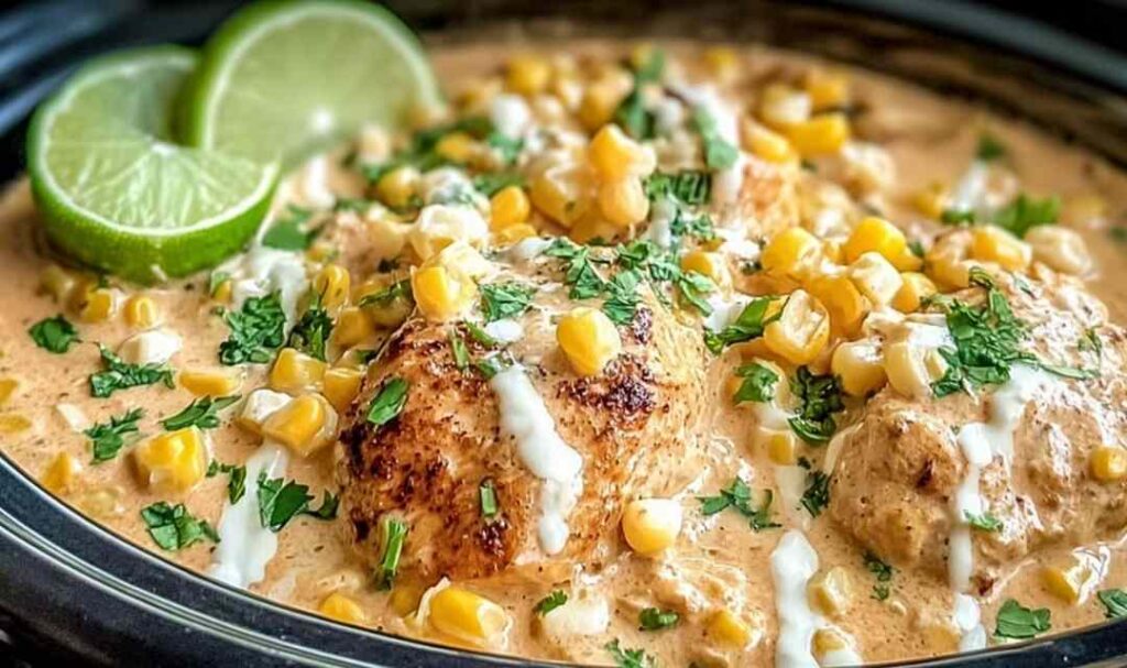 Slow Cooker Street Corn Chicken 5 Slow cooker street corn chicken served in a bowl topped with cotija cheese, cilantro, and chili powder