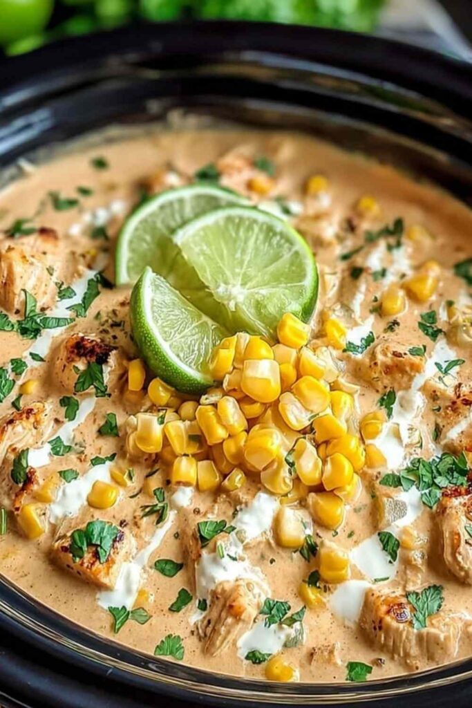 Slow Cooker Street Corn Chicken 6 Slow cooker street corn chicken served in a bowl topped with cotija cheese, cilantro, and chili powder