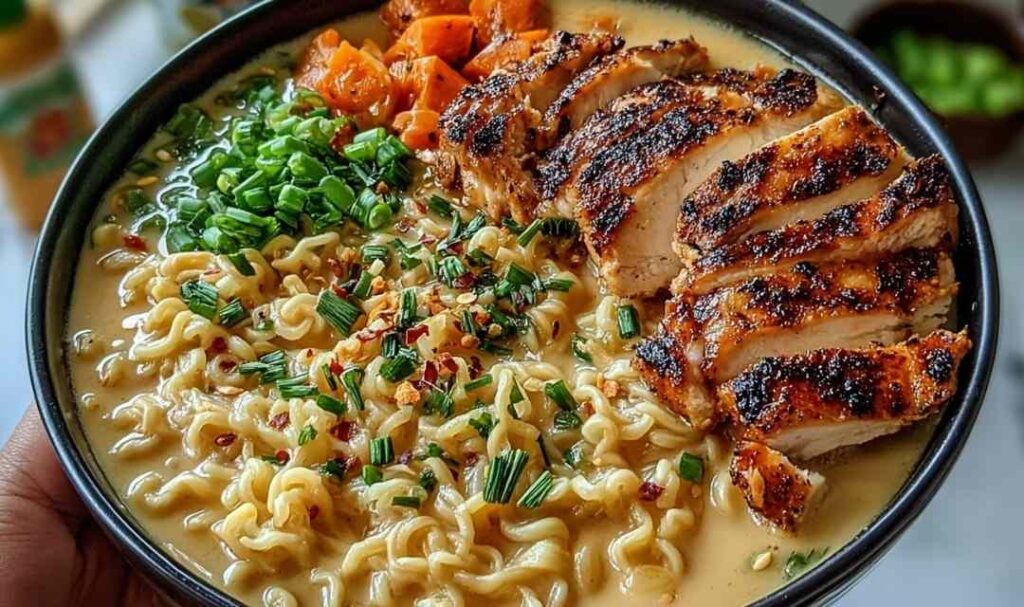 Slow cooker Tom Kha soup in a white bowl garnished with cilantro and lime