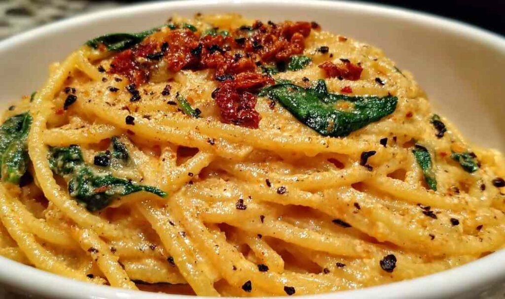 Spaghetti Spinach with Sun-Dried Tomato Cream Sauce 5 Spaghetti spinach with sun-dried tomato cream sauce served in a white bowl topped with fresh basil and Parmesan