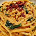 Spaghetti spinach with sun-dried tomato cream sauce served in a white bowl topped with fresh basil and Parmesan