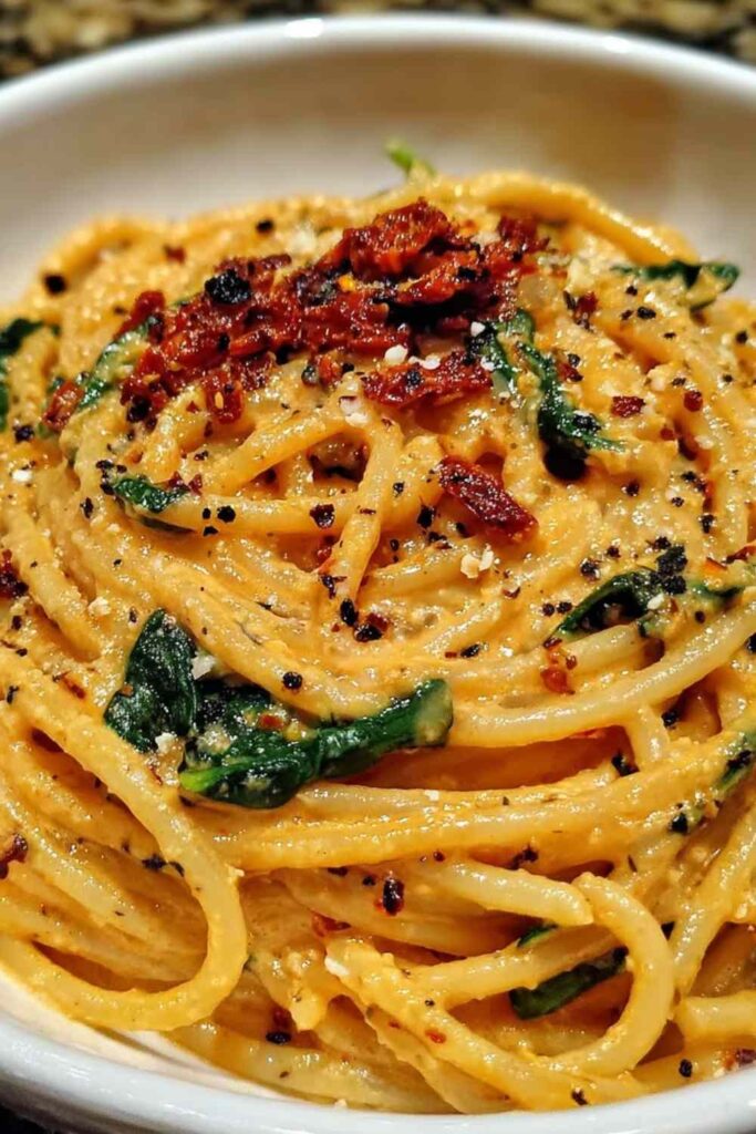 Spaghetti Spinach with Sun-Dried Tomato Cream Sauce 6 Spaghetti spinach with sun-dried tomato cream sauce served in a white bowl topped with fresh basil and Parmesan