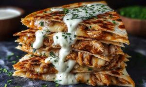 Cheesy hot honey chicken quesadillas sliced into wedges with spicy jalapeño cream sauce dipping bowl