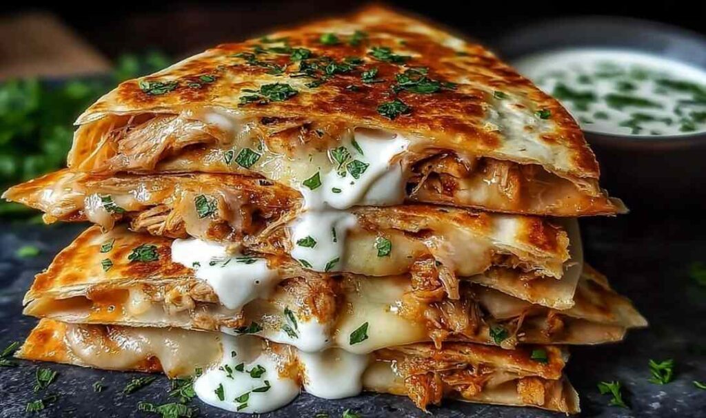 Cheesy hot honey chicken quesadillas sliced into wedges with spicy jalapeño cream sauce dipping bowl