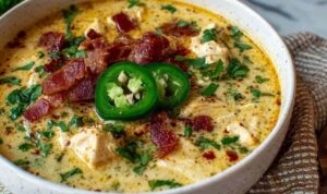 Spicy Jalapeno Popper Chicken Soup Bowl of spicy jalapeno popper chicken soup topped with sour cream, crumbled bacon, and sliced jalapenos