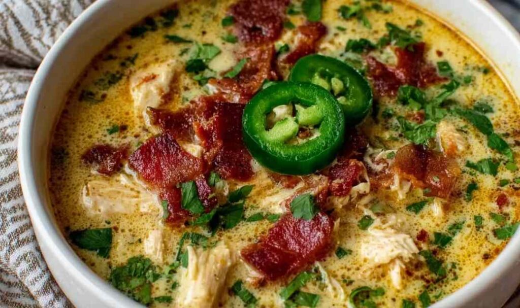 Spicy Jalapeno Popper Chicken Soup 5 Spicy jalapeno popper chicken soup in a white bowl topped with shredded cheddar cheese, crispy bacon bits, and fresh sliced jalapenos