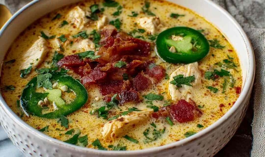 Bowl of spicy jalapeno popper chicken soup topped with sour cream, crumbled bacon, and sliced jalapenos