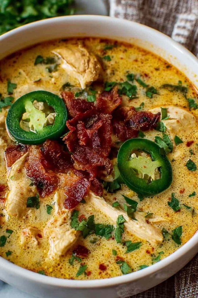 Spicy Jalapeno Popper Chicken Soup 6 Spicy jalapeno popper chicken soup in a white bowl topped with shredded cheddar cheese, crispy bacon bits, and fresh sliced jalapenos