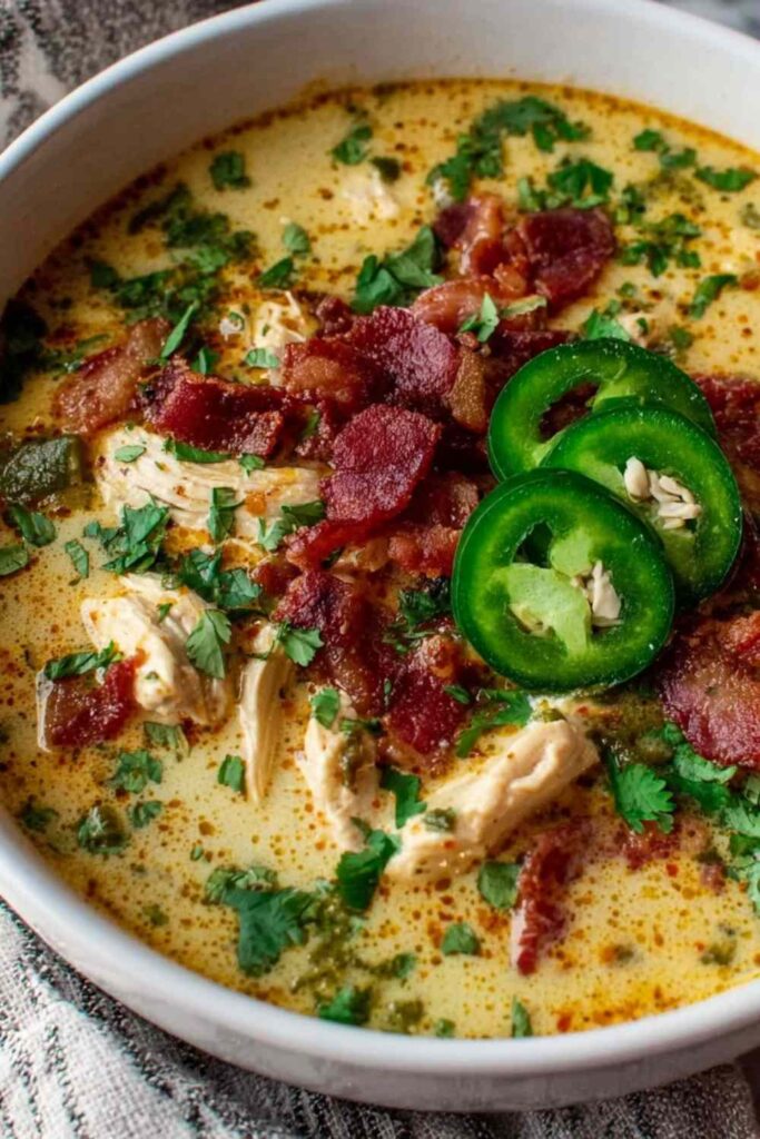 Bowl of spicy jalapeno popper chicken soup topped with sour cream, crumbled bacon, and sliced jalapenos
