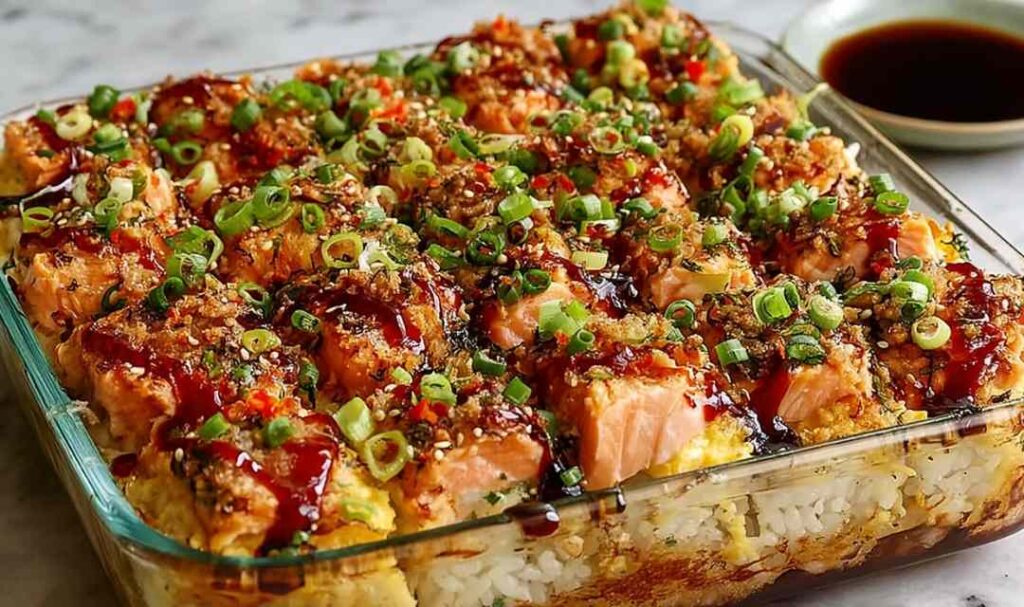 Spicy salmon sushi bake in a white casserole dish topped with avocado, cucumber, green onions, and sesame seeds