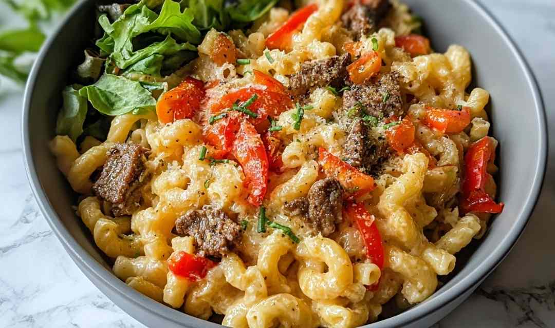 Steak Pepper Jack Queso Mac and Cheese in a baking dish with golden breadcrumb topping