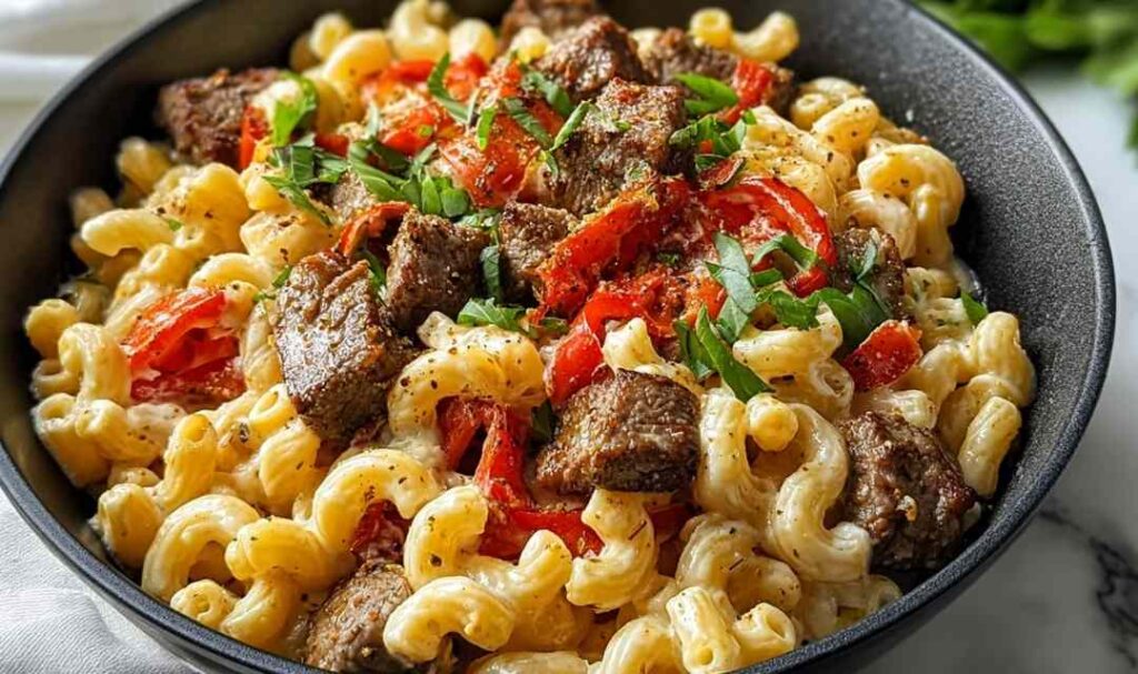 Steak Pepper Jack Queso Mac and Cheese in a baking dish with golden breadcrumb topping