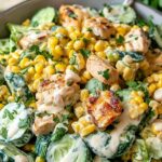 Street corn creamy cucumber chicken salad in a white bowl topped with cotija cheese and fresh cilantro