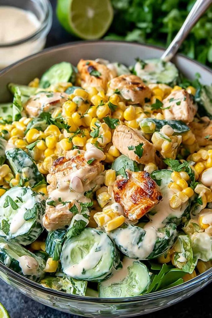 Street Corn Creamy Cucumber Chicken Salad 6 Street corn creamy cucumber chicken salad in a white bowl topped with cotija cheese and fresh cilantro