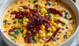 A bowl of creamy Sun-Dried Tomato Corn Chowder topped with fresh basil and a drizzle of cream