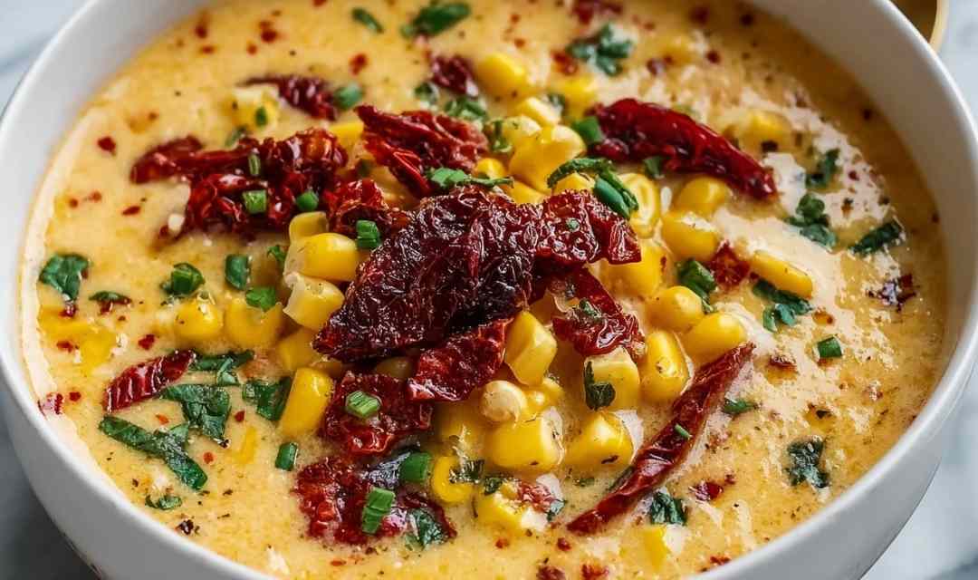 A bowl of creamy Sun-Dried Tomato Corn Chowder topped with fresh basil and a drizzle of cream