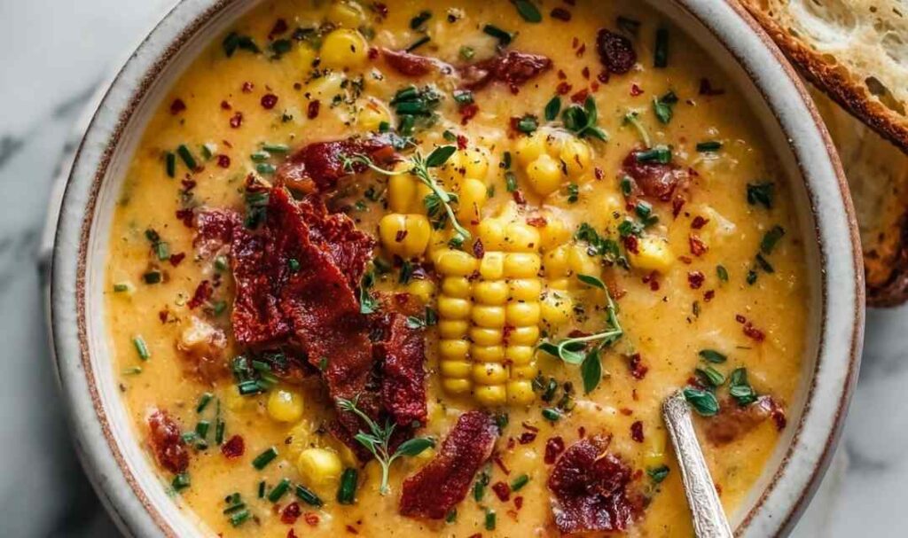 A bowl of creamy Sun-Dried Tomato Corn Chowder topped with fresh basil and a drizzle of cream