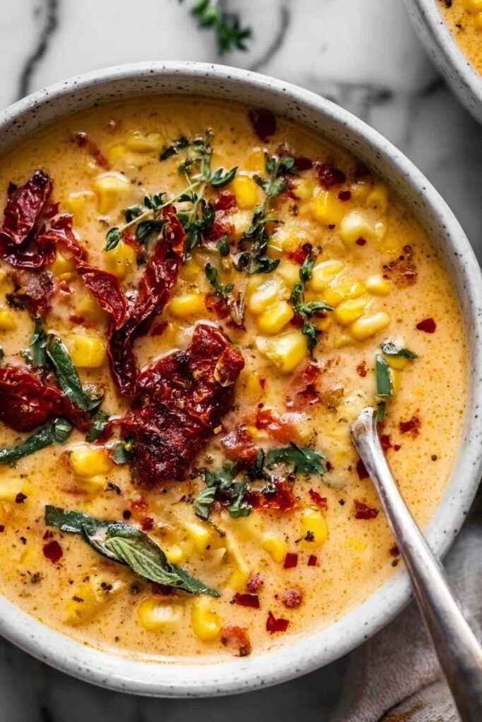 A bowl of creamy Sun-Dried Tomato Corn Chowder topped with fresh basil and a drizzle of cream