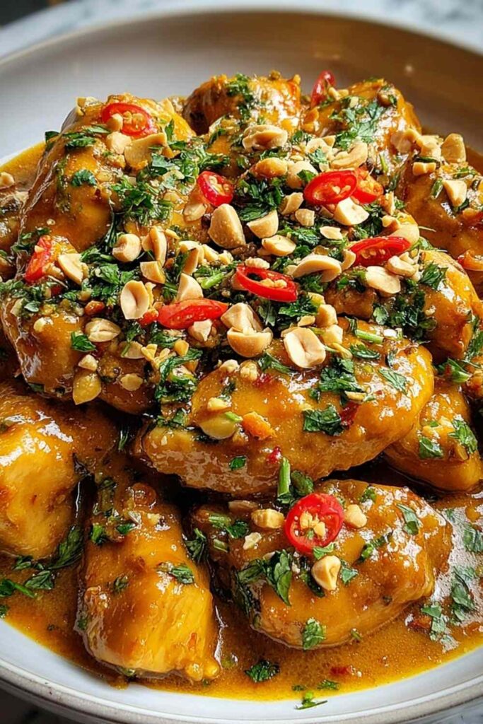 Thai Peanut Chicken 6 Thai Peanut Chicken served over jasmine rice topped with green onions, cilantro, and sesame seeds