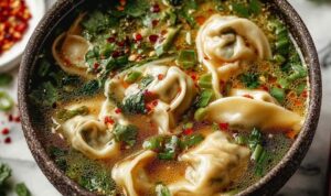 A deep bowl of Thai Potsticker Soup with tender dumplings in golden coconut curry broth topped with fresh cilantro and red chili