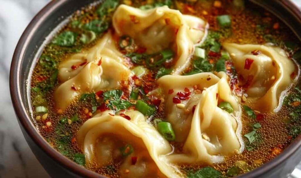 A deep bowl of Thai Potsticker Soup with tender dumplings in golden coconut curry broth topped with fresh cilantro and red chili