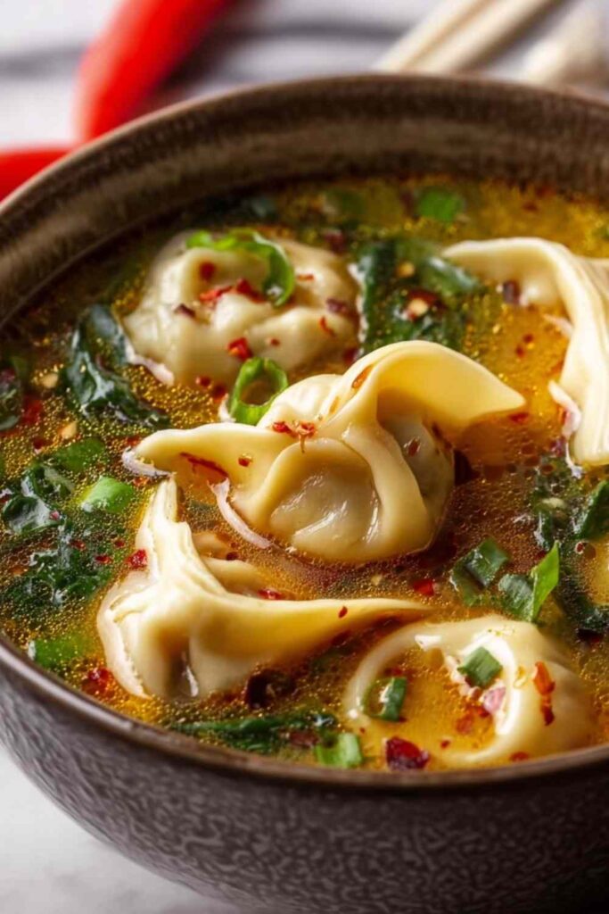 A deep bowl of Thai Potsticker Soup with tender dumplings in golden coconut curry broth topped with fresh cilantro and red chili