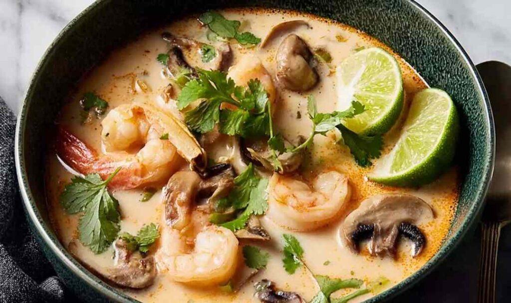 The Best Thai Coconut Soup 5 A bowl of Thai coconut soup with chicken, mushrooms, and red bell pepper garnished with fresh cilantro and a lime wedge