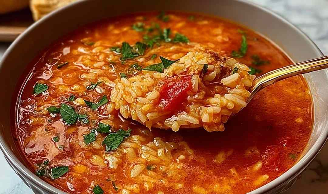 A bowl of hearty tomato rice soup topped with fresh basil on a rustic wooden table