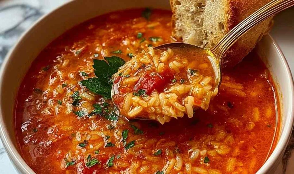 Hearty Tomato Rice Soup 5 A bowl of hearty tomato rice soup topped with fresh basil on a rustic wooden table