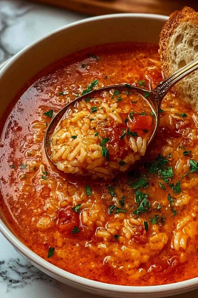 Hearty Tomato Rice Soup 6 A bowl of hearty tomato rice soup topped with fresh basil on a rustic wooden table