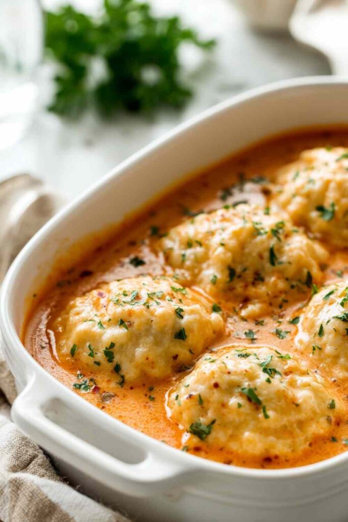 Tomato soup with cheddar bay dumplings in a Dutch oven with fluffy golden dumplings on top