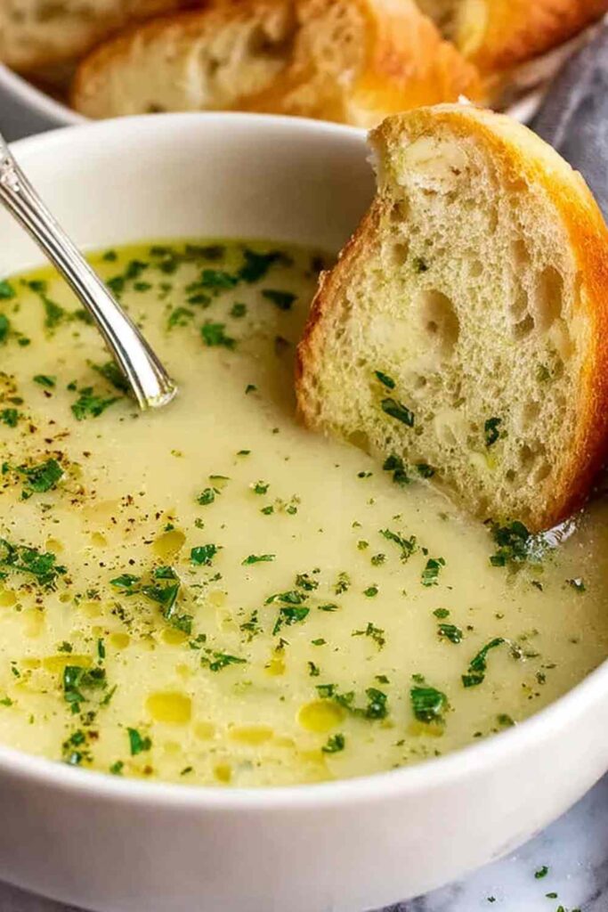 A bowl of traditional country French-style garlic soup garnished with fresh parsley and a slice of toasted baguette
