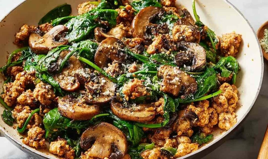 Turkey Spinach Mushroom Skillet 5 Turkey Spinach Mushroom Skillet with browned ground turkey, cremini mushrooms, and wilted spinach in a garlic herb sauce served in a large skillet