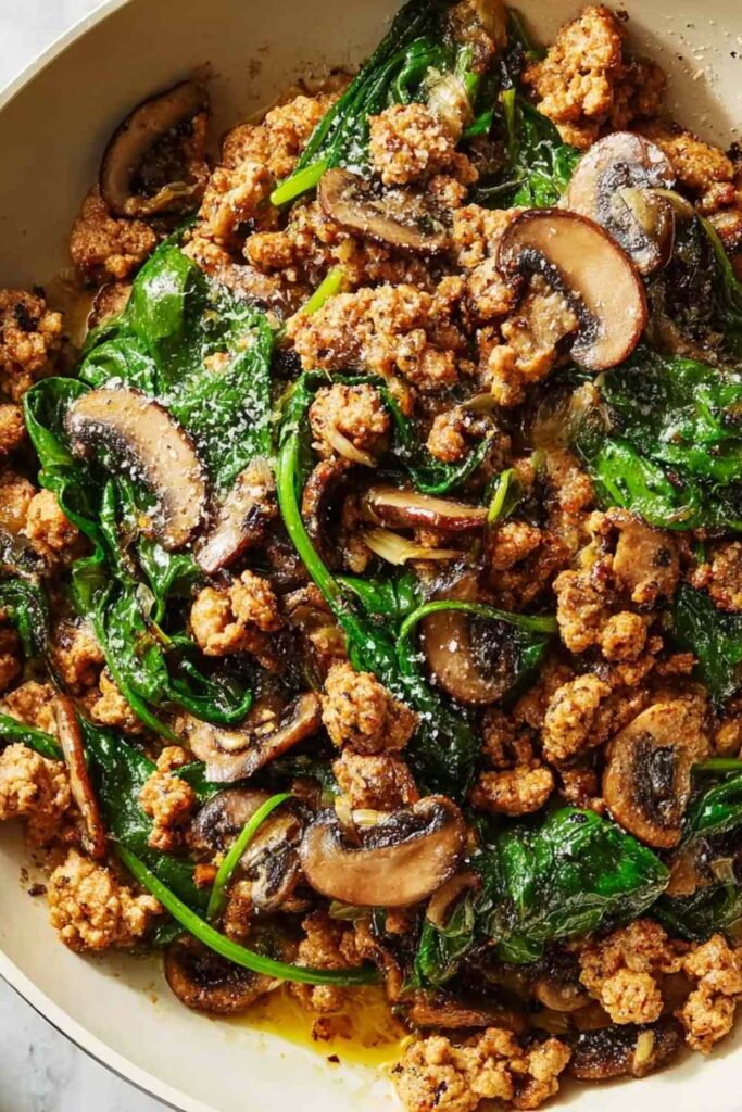 Turkey Spinach Mushroom Skillet 6 Turkey Spinach Mushroom Skillet with browned ground turkey, cremini mushrooms, and wilted spinach in a garlic herb sauce served in a large skillet