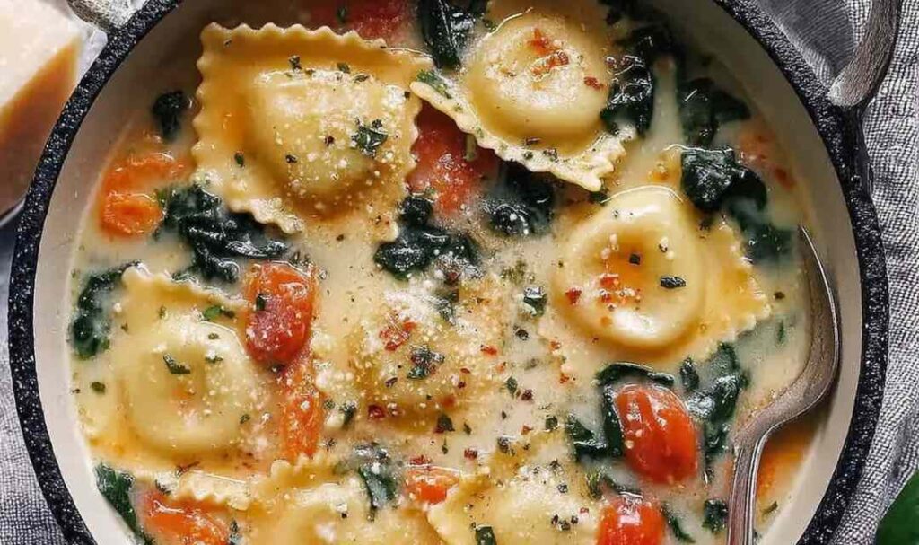 Tuscan ravioli soup in a white bowl topped with Parmesan cheese and wilted kale