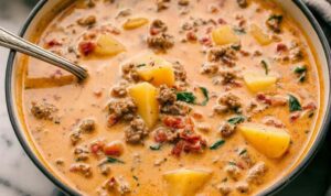 Creamy Tuscan sausage potato soup in a white bowl topped with Parmesan cheese and fresh kale