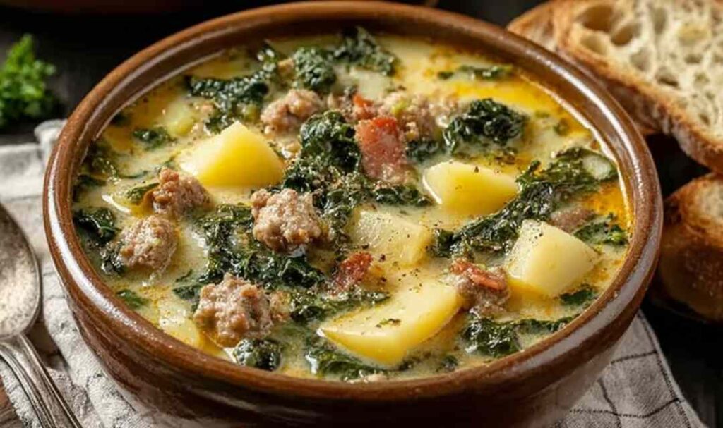 A bowl of Tuscany soup with cannellini beans, ditalini pasta, spinach, and tomato broth topped with fresh parsley