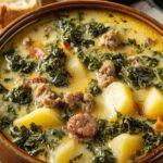 A bowl of Tuscany soup with cannellini beans, ditalini pasta, spinach, and tomato broth topped with fresh parsley