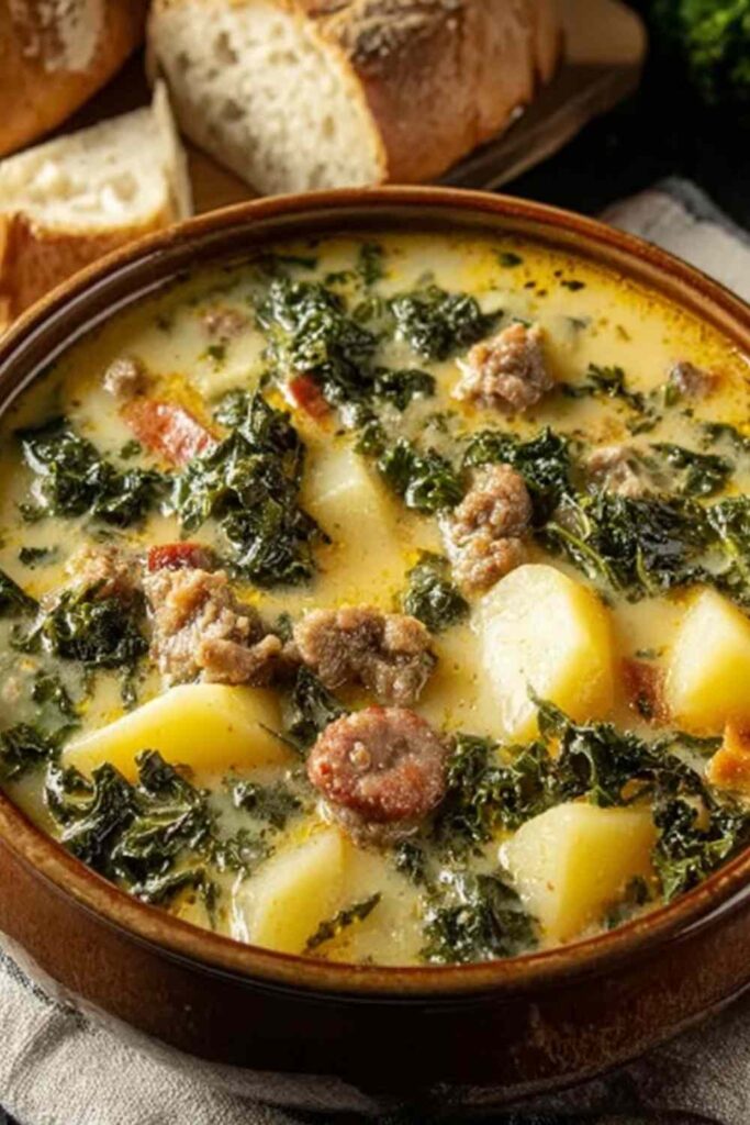 A bowl of Tuscany soup with cannellini beans, ditalini pasta, spinach, and tomato broth topped with fresh parsley