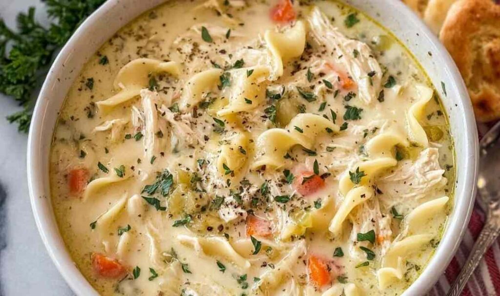 Bowl of white chicken lasagna soup topped with melted mozzarella and fresh parsley