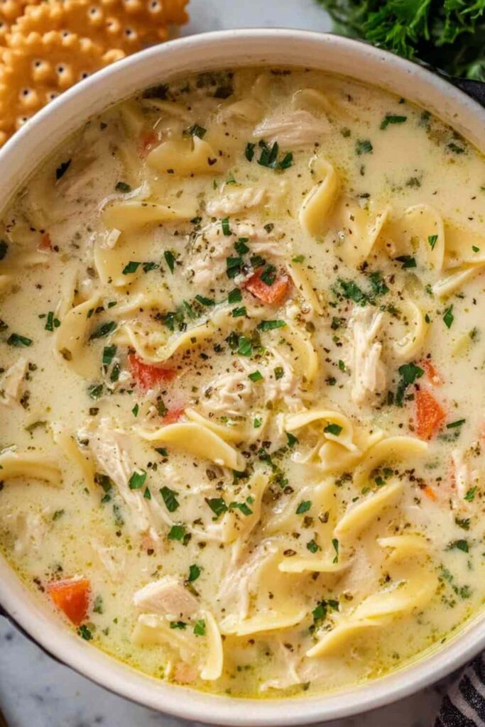 Bowl of white chicken lasagna soup topped with melted mozzarella and fresh parsley