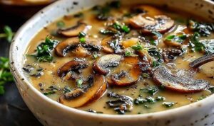 Bowl of wild mushroom and kale soup with caramelized onions and fresh thyme on a rustic wooden table