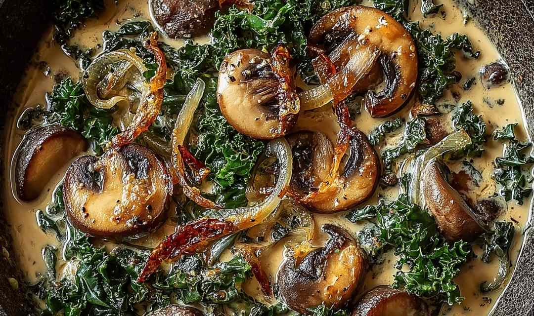 Wild mushroom and kale soup in a white bowl garnished with fresh parsley and a drizzle of truffle oil