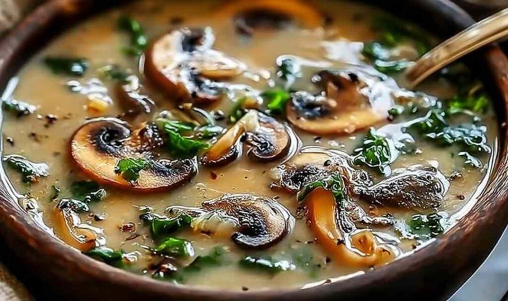Bowl of wild mushroom and kale soup with caramelized onions and fresh thyme on a rustic wooden table