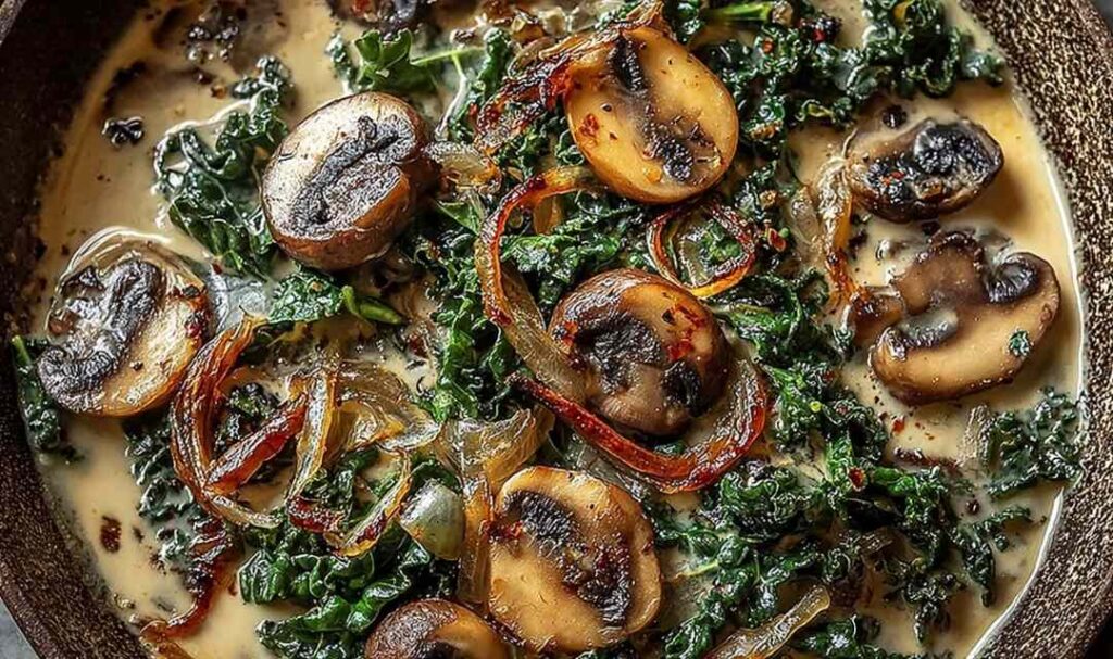 Wild mushroom and kale soup in a white bowl garnished with fresh parsley and a drizzle of truffle oil