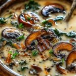 Bowl of wild mushroom and kale soup with caramelized onions and fresh thyme on a rustic wooden table