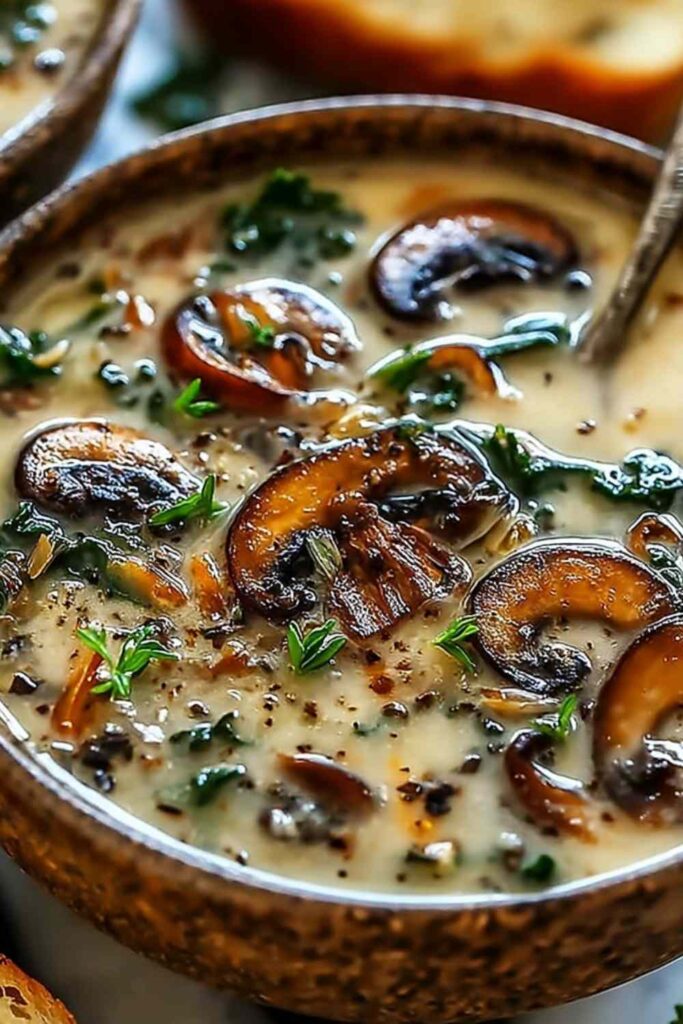 Bowl of wild mushroom and kale soup with caramelized onions and fresh thyme on a rustic wooden table