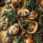 Wild mushroom and kale soup in a white bowl garnished with fresh parsley and a drizzle of truffle oil